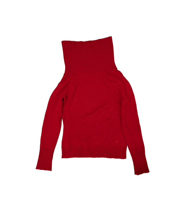 ASYMMETRICAL KNIT SWEATER IN COLA RED