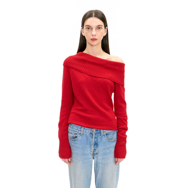 ASYMMETRICAL KNIT SWEATER IN COLA RED - Urban Sophistication