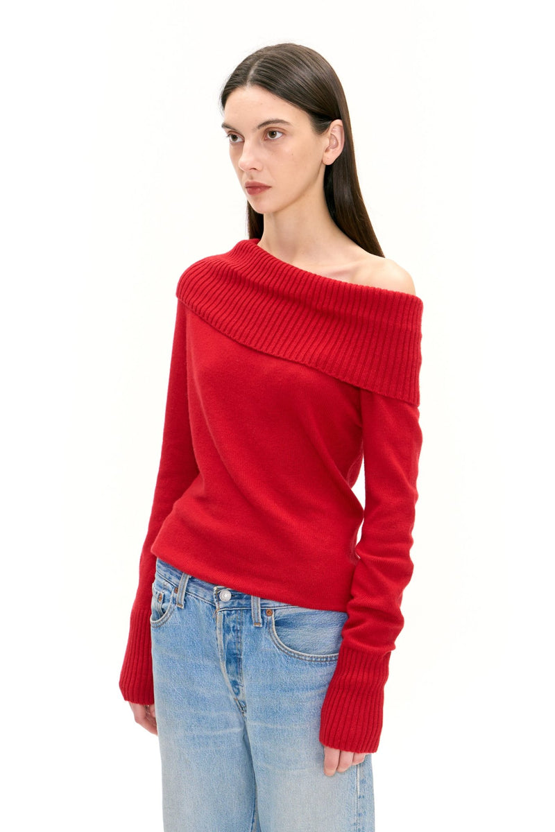 ASYMMETRICAL KNIT SWEATER IN COLA RED - Urban Sophistication