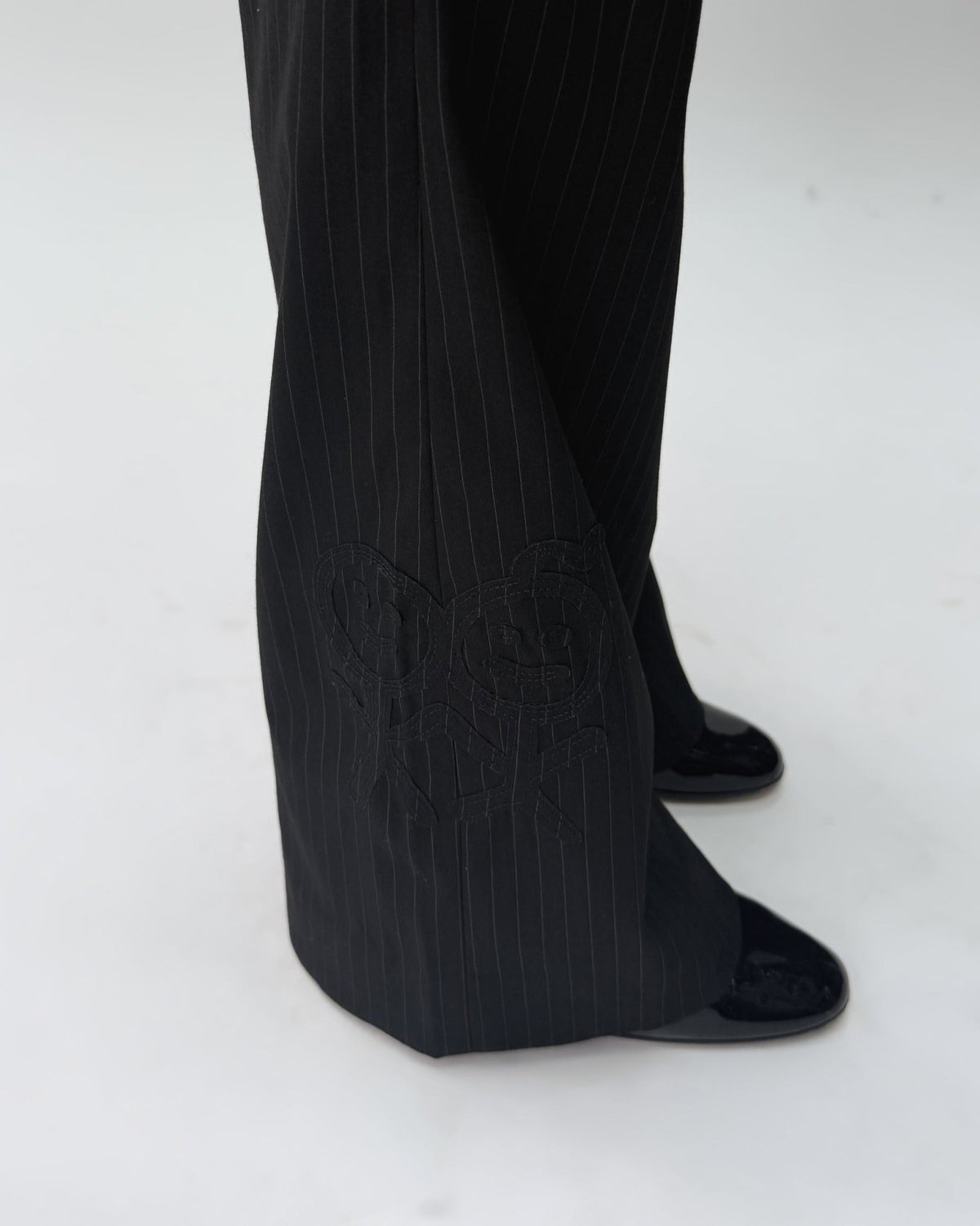 BT01 Tailored Bootcut Trousers Black Pinstripe 03 View PDP