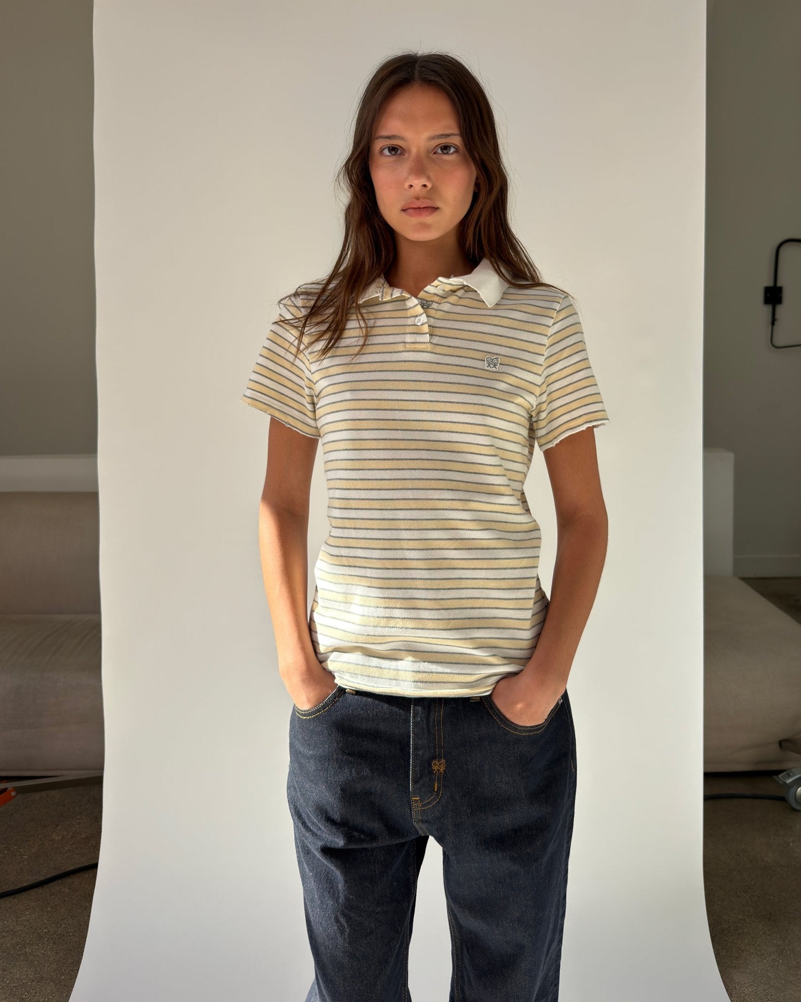 Kids Logo Fitted Polo Shirt in Yellow and Grey Stripes