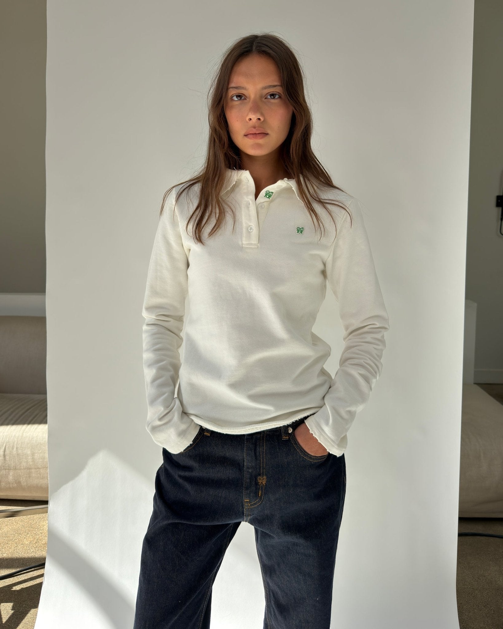 Kids Logo Long Sleeve Terry Polo in White