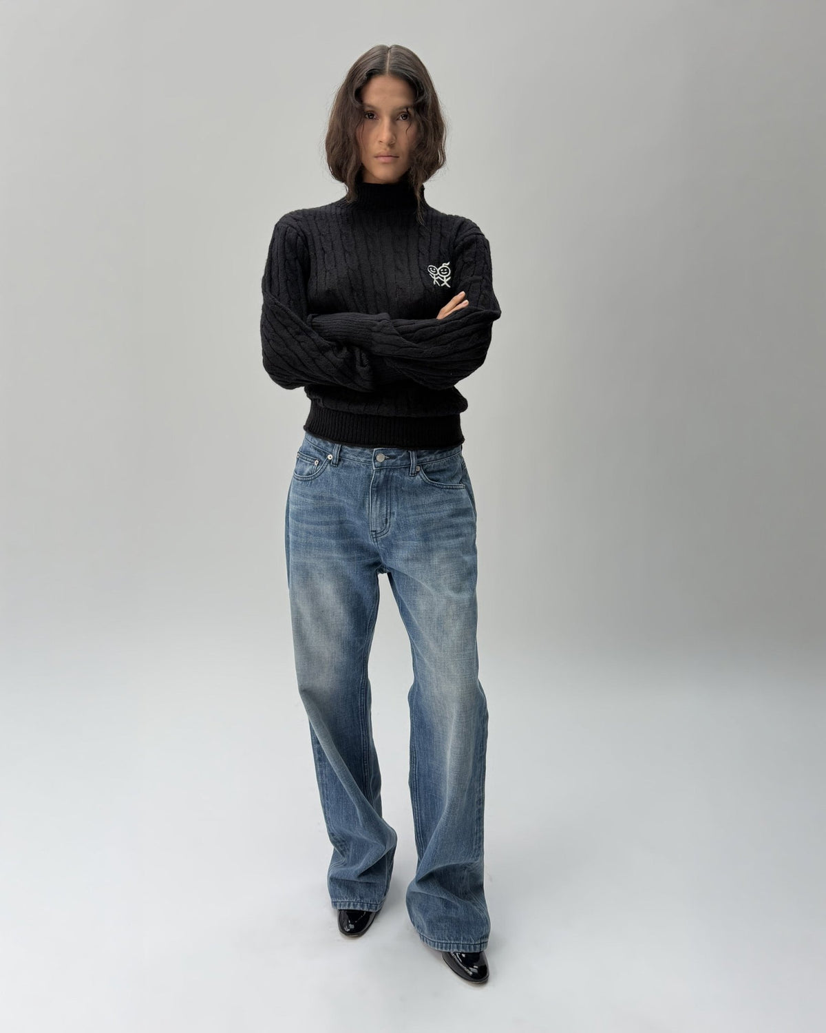 KJ01 Cable Knit Mock Neck Jumper Black Onyx 02 View PDP