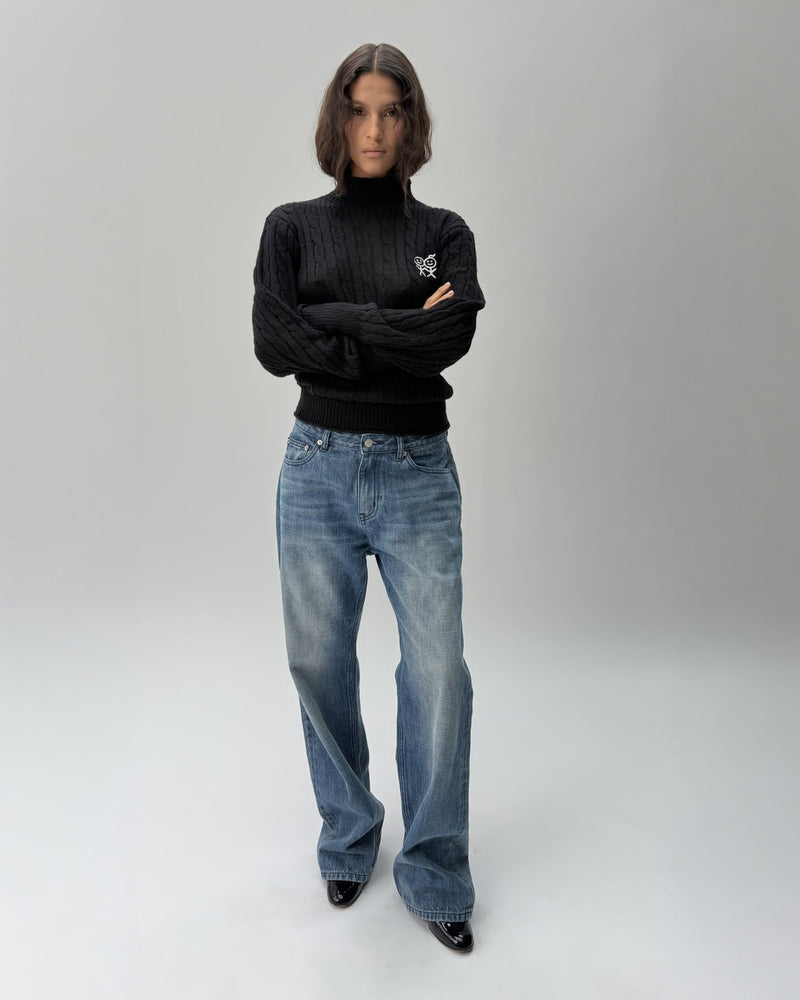 KJ01 Cable Knit Mock Neck Jumper Black Onyx 02 View PDP