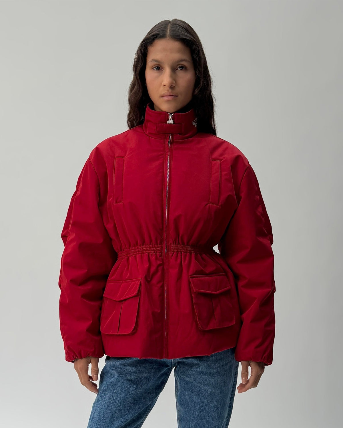 PJ01 Cinched Waist Puffer Jacket Haute Red 01 Close Up PDP