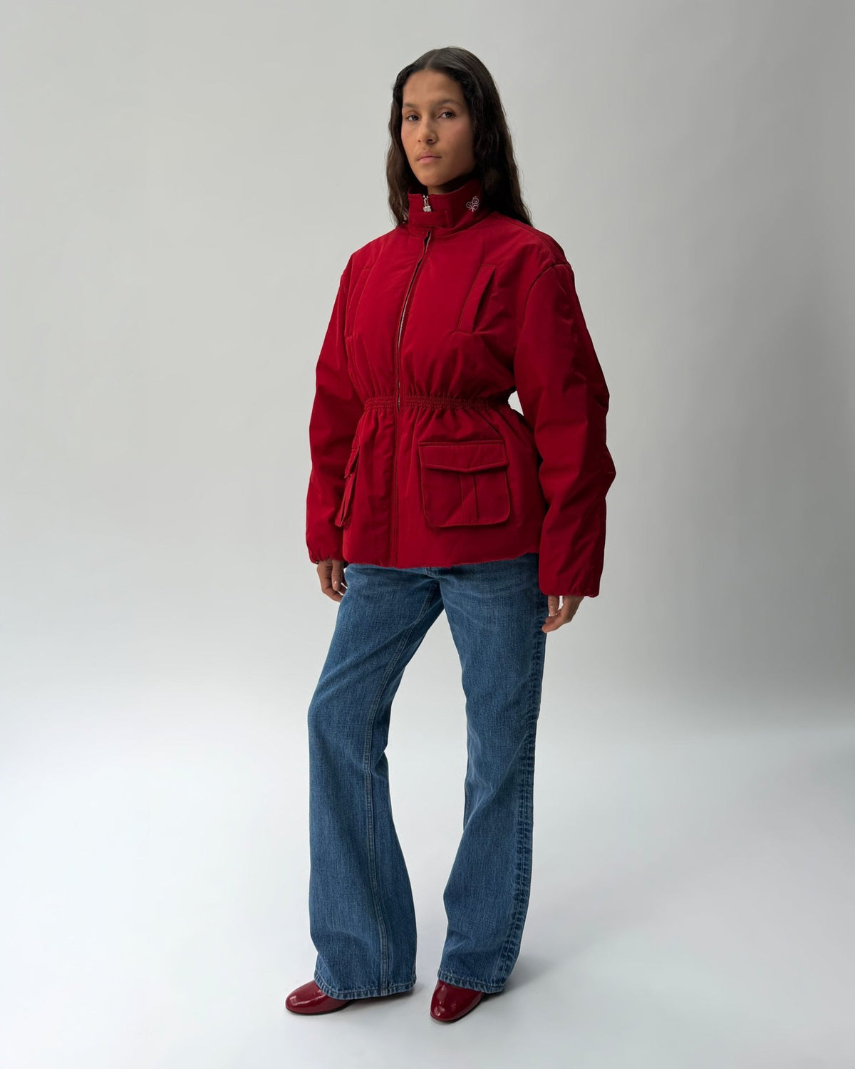 PJ01 Cinched Waist Puffer Jacket Haute Red 04 View PDP